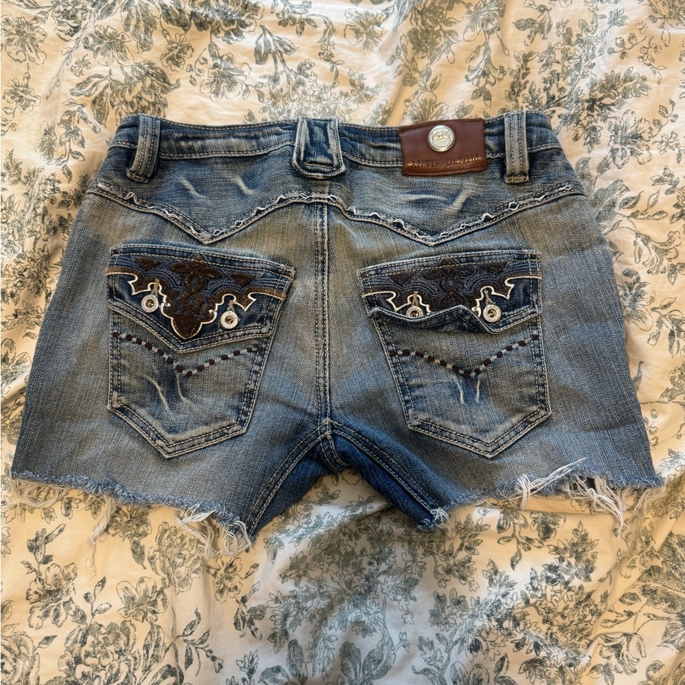 Antik Denim Blue Stonewash Denim Shorts with Embroidered Details